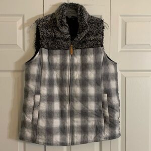 Simply Southern Women’s L Grey Plaid Vest Faux Fur Collar Lined Pockets.   L1